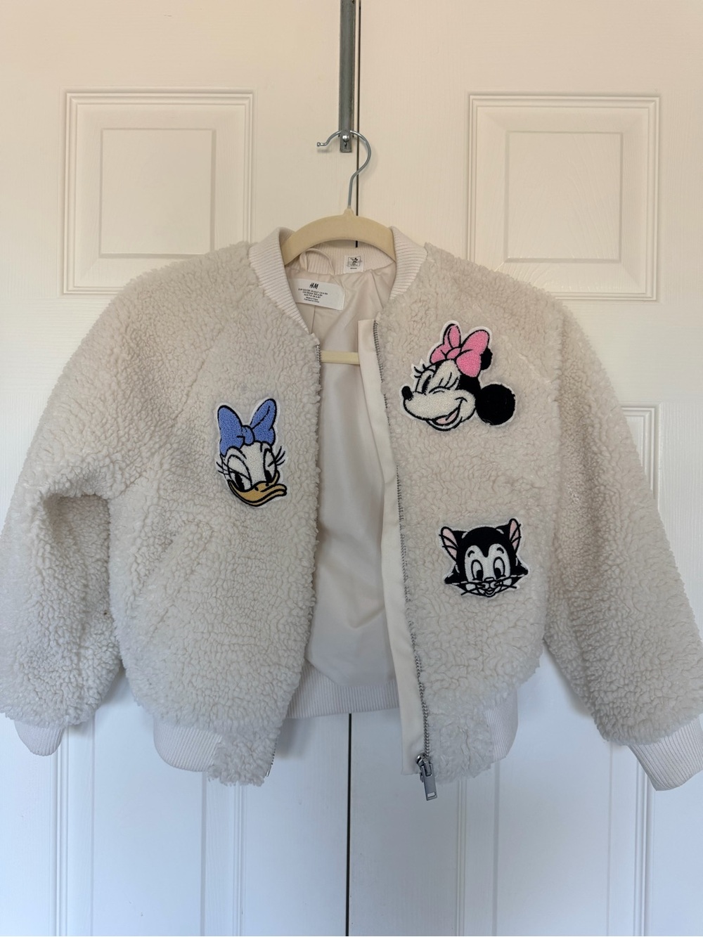 H&M Cream Sherpa Kids Jacket with Minnie, Daisy & Cat Patches size 6-8